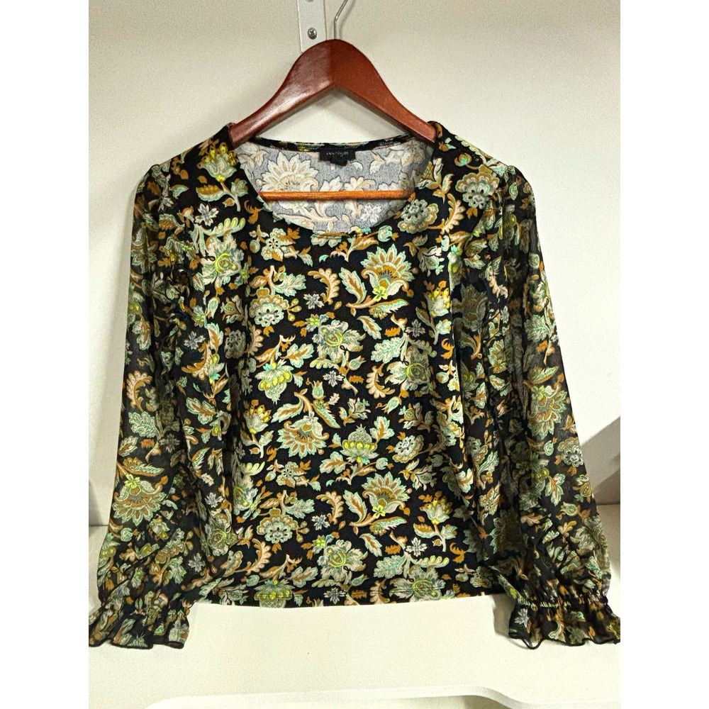Ann Taylor Factory Black Floral V-Neck Ruffle Pullover Long Sleeve Blouse L